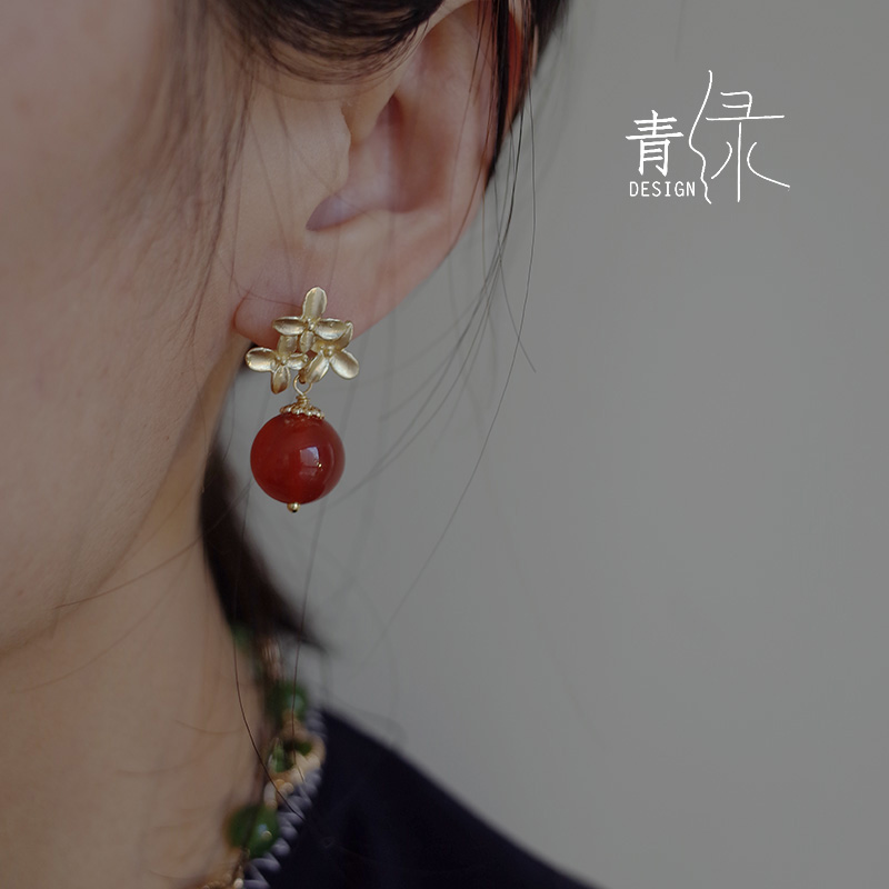 青绿原创手作 红果新款古风复古红玛瑙叶子耳钉耳环潮气质