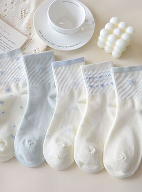 浅蓝蝴蝶结女童袜子白色春秋奶中筒袜棉ins潮日系甜美运动学生袜