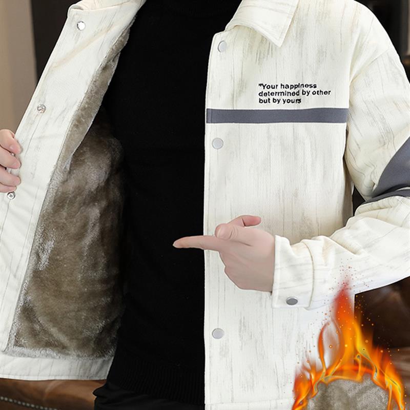 冬季加绒加厚翻领夹克男士潮牌宽松休闲保暖痞帅拼接撞色棉衣外套