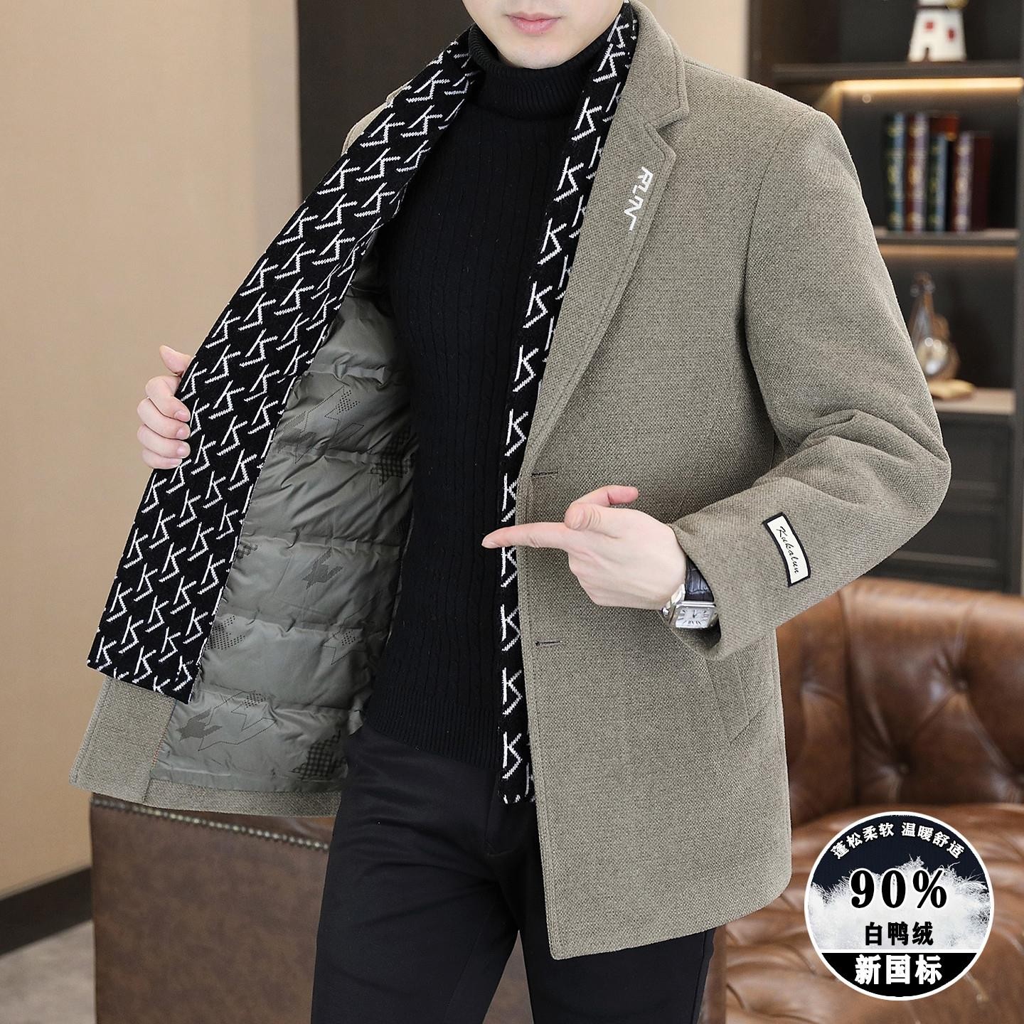 冬季中长款毛呢大衣男士商务休闲西装加厚保暖羽绒服呢子风衣外套