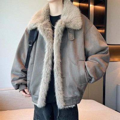 美式座山雕皮毛一体毛毛外套男冬季2025新款青少年加绒加厚皮棉衣