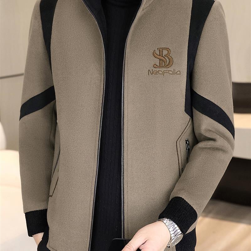 秋冬季立领夹克男加绒保暖时尚轻奢高端休闲拼色毛呢大衣短款外套