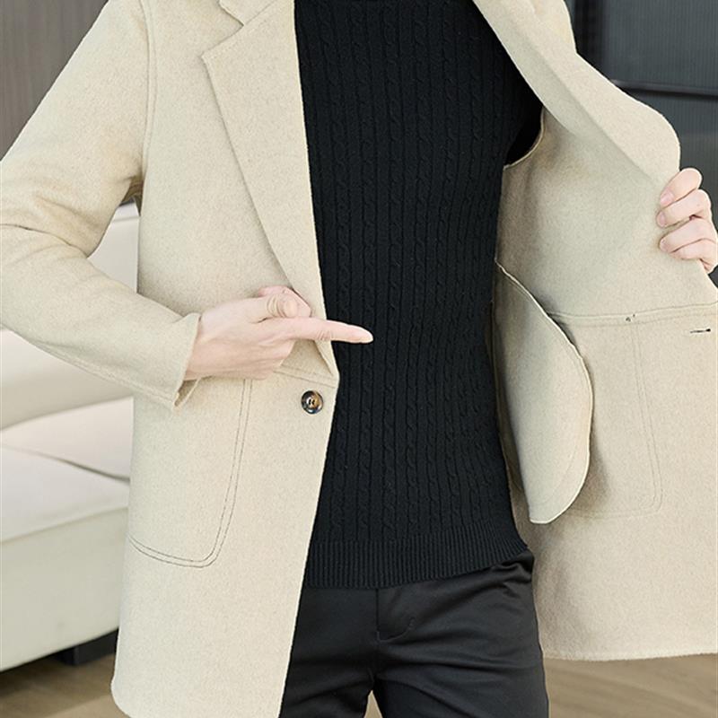 高端双面呢大衣男士西装领加厚商务休闲中长款羊毛呢子风衣外套潮