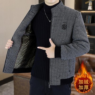 男士立领毛呢夹克秋冬季加绒加厚时尚休闲帅气高级感短款呢子外套