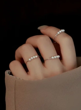 简约个性开口戒指仿珍珠日韩戒指环食指女欧美时尚可调节