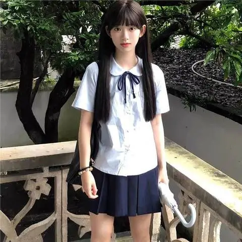 夏季上衣日系衬衫学院风jkJK甜美衬衣娃娃宽松蓝色小个子短袖