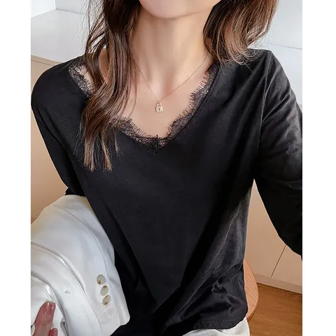 t恤新款v领女内搭打底衫早秋宽松纯棉韩系上衣严选休闲长袖蕾丝
