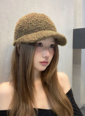 新款秋冬韩系软糯毛绒鸭舌帽百搭休闲绑绳保暖显脸小针织棒球帽女