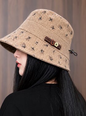 秋冬碎花渔夫帽新款休闲百搭高级感抽绳显脸小护耳挡风保暖盆帽女