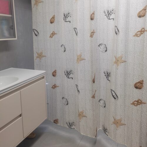 外贸剩余涤纶布防霉防水速干涤纶布浴帘隔断布帘海洋系列带铅坠