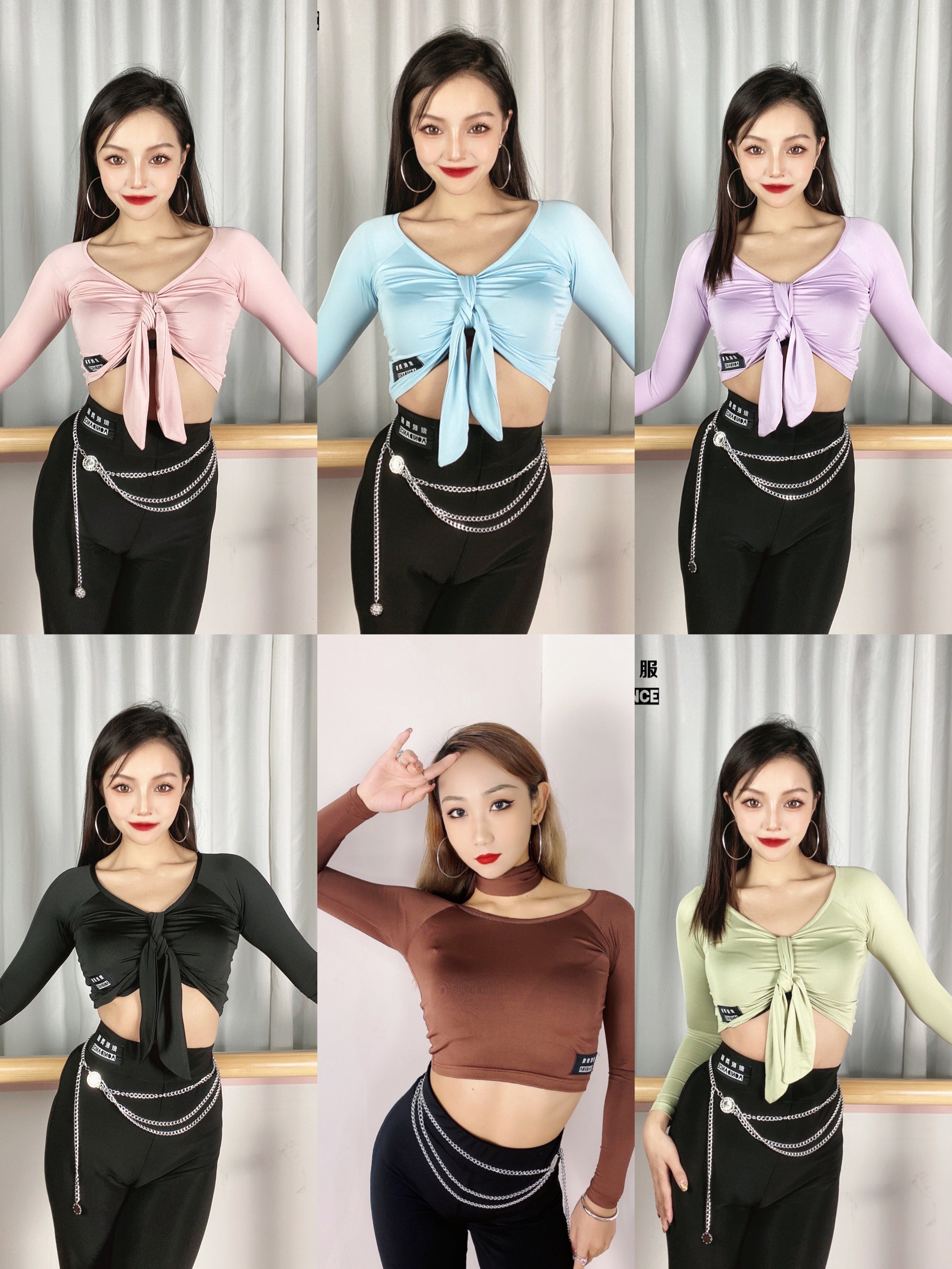 傲睨舞服新款成人女露脐胸前系带长袖拉丁舞练功服六色包邮a69