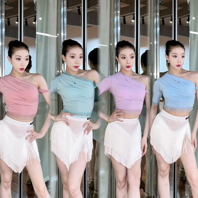 傲睨舞服新款拉丁舞服夏季斜肩绑带上衣分体流苏半身裙套装国标舞