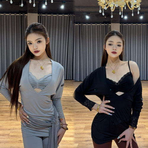 傲睨舞服2025新品拉丁舞服蝙蝠袖罩衫吊带两件套含胸垫上衣Q83