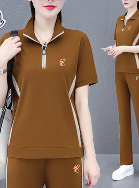 【品牌】冰丝运动套装女夏季薄款两件套中年妈妈阔腿裤宽松跑步服