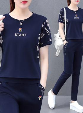【品牌】运动休闲套装女夏新款时尚短袖长裤跑步服大码纯棉两件套