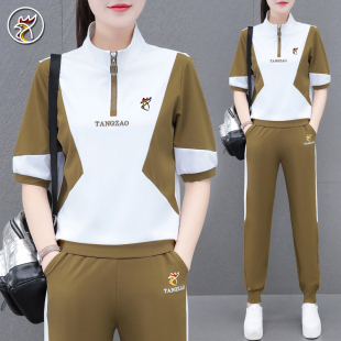 运动服套装 冰丝蝙蝠袖 女夏季 时尚 妈妈休闲两件套 宽松薄款 品牌