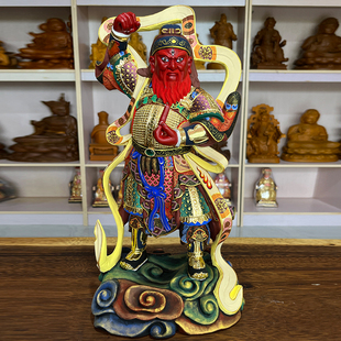 王灵官神像摆件火神护法王天君摆件香樟木雕家用中式客厅彩绘摆件