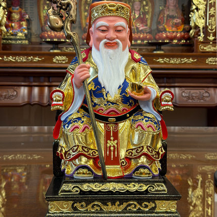 马来西亚大伯公木雕神像香樟木土地公福德正神拿拐杖土地爷土地婆
