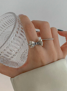 韩版S925镀银甜美蝴蝶结戒指女复古时尚圆珠开口指环气质食指戒潮