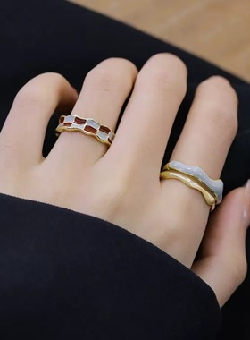 简约双层棋盘格戒指女时尚气质网格S925镀银开口指环甜酷食指戒潮