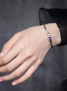 几何不规则紫色锆石手镯女复古重工S925银时尚手环气质简约手饰潮