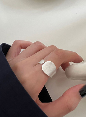 不规则几何宽边戒指女时尚个性拉丝磨砂S925镀银开口指环食指戒潮