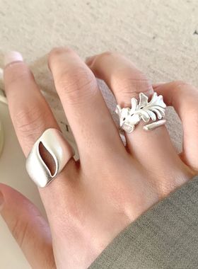 甜美银杏树叶戒指女个性时尚百搭波纹开口指环网红气质简约食指戒