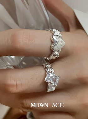 韩版S925银甜美爱心字母戒指女复古时尚重工链条开口指环食指戒潮