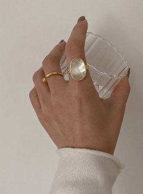 欧美S925镀银夸张戒指女复古时尚贝母七彩开口指环气质食指戒