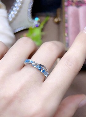 轻奢精致蓝色花环戒指女几何线条交叉开口指环ins风小众食指戒潮