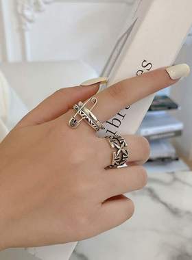韩版S925银个性别针戒指女复古时尚X型开口指环嘻哈简约食指戒潮