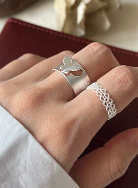 甜酷立体蝴蝶戒指女镂空蕾丝花边开口指环百搭叠戴气质个性食指戒