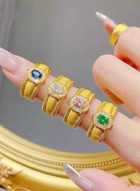 中古风精致优雅彩色戒指女时尚百搭气质S925镀银轻奢开口食指环潮