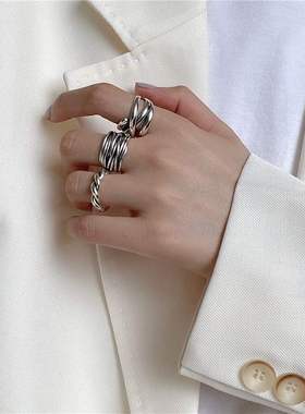 韩版S925银线条麻花缠绕戒指女复古时尚简约开口指环嘻哈食指戒潮