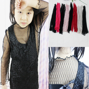 女童上衣长袖T恤打底衫网纱蕾丝新薄款立领透视镂空渔网衣亲子装