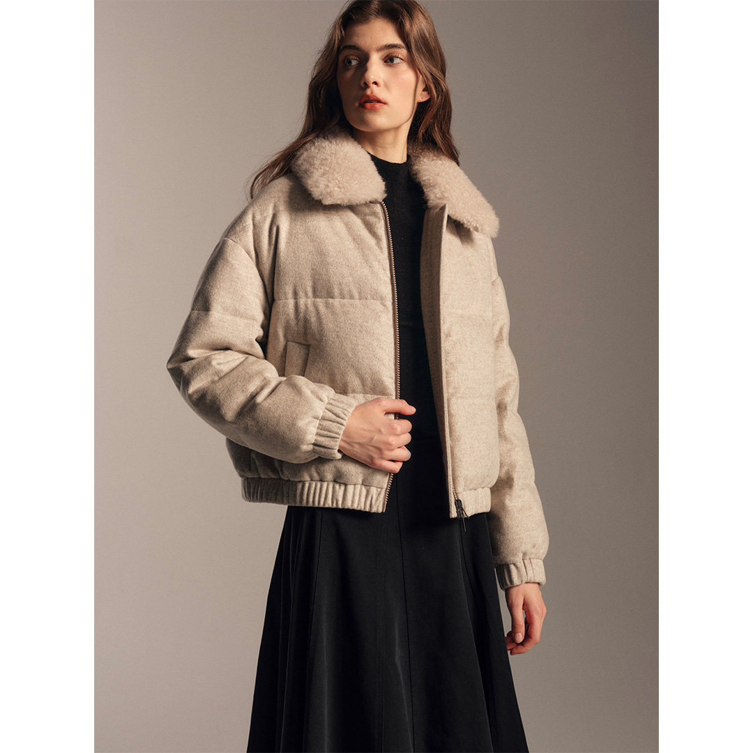 SOFTSELF雾绒诗冬季新款女原色羊毛短款白鹅绒面包羽绒服