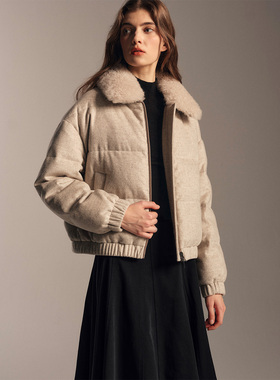 SOFTSELF雾绒诗冬季新款女原色羊毛短款白鹅绒面包羽绒服