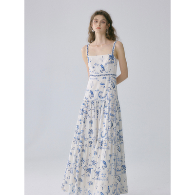 SOFTSELF慵懒春雾春季新款蓝色印花刺绣吊带连衣裙女