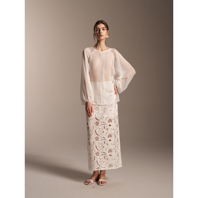 SOFTSELF雾绒诗秋季新款纯色半裙镂空蕾丝半身裙法式立体