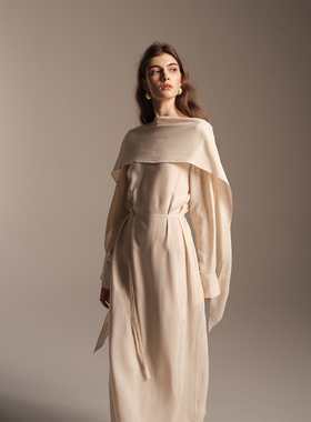 SOFTSELF雾绒诗秋季新款法式飘带结构衬衫连衣裙女高级感法式长裙