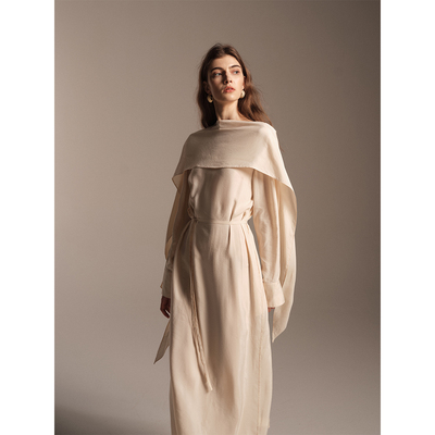 SOFTSELF雾绒诗秋季新款法式飘带结构衬衫连衣裙女高级感法式长裙