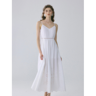 SOFTSELF慵懒春雾春季新款腰部花型镂空V领吊带连衣裙女