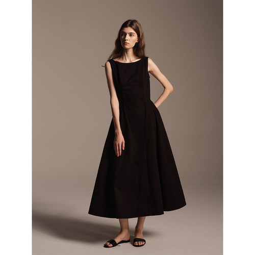 SOFTSELF雾绒诗秋季新款显瘦百搭黑色经典无袖连衣裙女高级感优雅