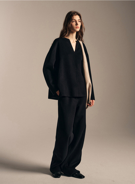 SOFTSELF雾绒诗V领桑蚕丝羊毛双面呢套头上衣套装新款秋冬套装