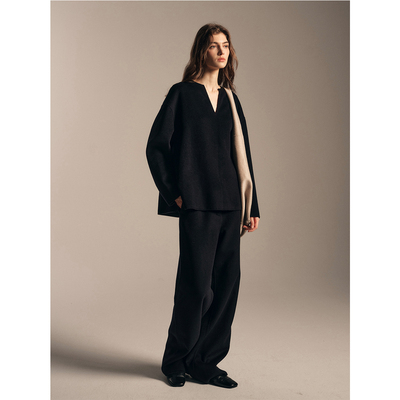 SOFTSELF雾绒诗V领桑蚕丝羊毛双面呢套头上衣套装新款秋冬套装