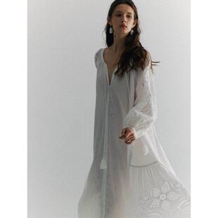 SOFTSELF 连衣裙 南法假日亚麻镂空刺绣浪漫连衣裙圆领气质长袖