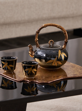 集设家居金色陶瓷提壶茶具套装豪华中式风格客厅茶室软装摆件组合