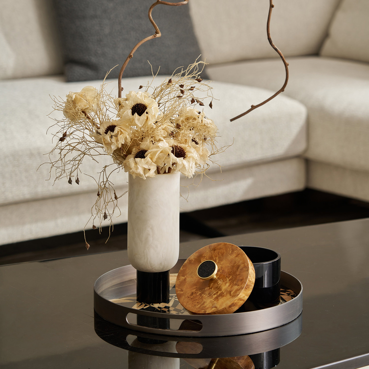 轻奢中式软装组合花瓶干花套装金属托盘实木盖收纳罐茶几艺术摆件