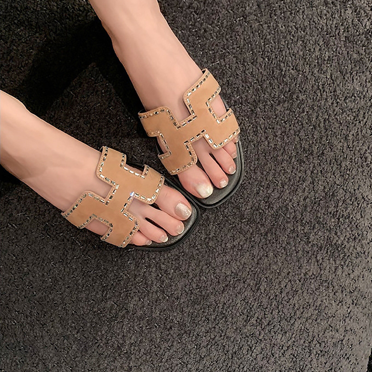 法式水钻方头H型平底女一字拖图片