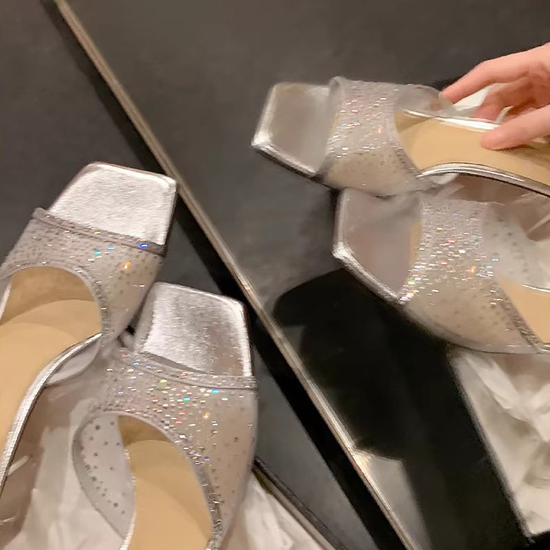 绝美水晶拖~方头水钻网纱透明粗跟外穿拖鞋女2026春夏露趾一字拖